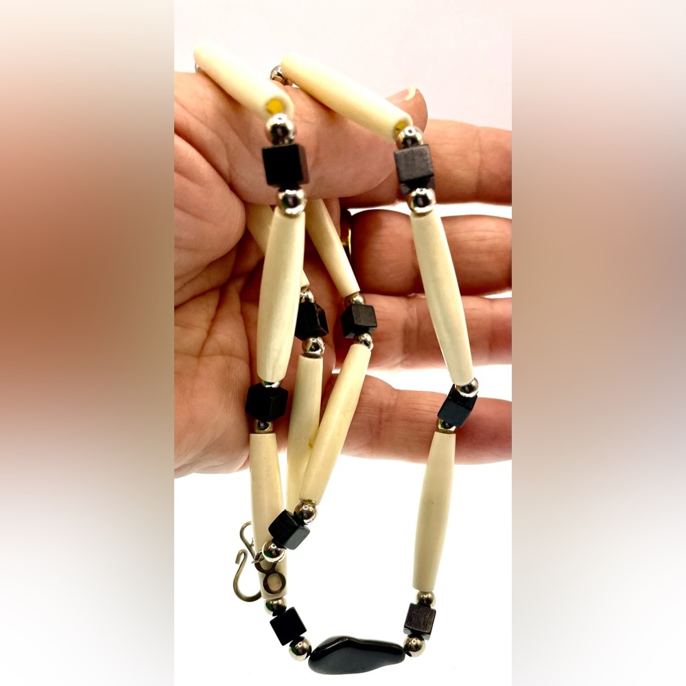 3 for $30 Artisan VTG Black White Beaded Lucite Necklace Onyx Gemstone Center